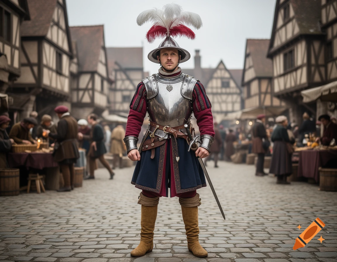 A photorealistic Renaissance soldier in elaborate armor and plumed helmet holds a sword on a cobbled street in a historical village.
