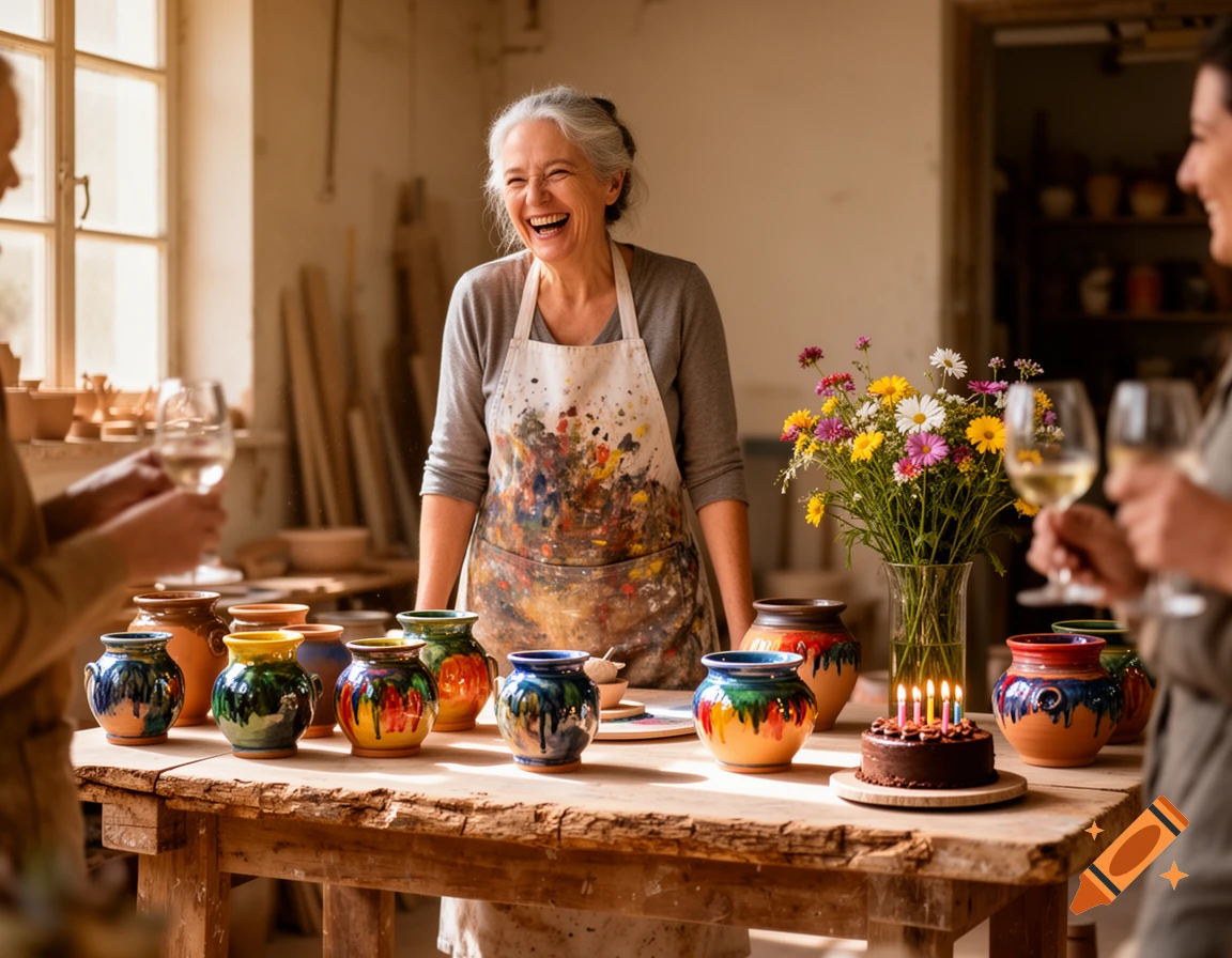 A laughing senior ceramic artist in her sunlit pottery studio, a table laden with colorful pots, a bouquet, and a birthday cake with candles, celebrating with friends.