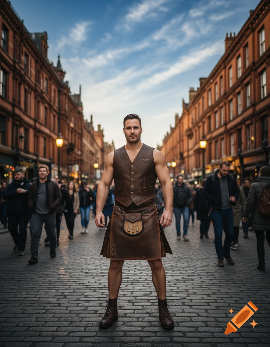 A man in a leather kilt, vest, and sporran stands on a cobblestone street, surrounded by blurred city background.
