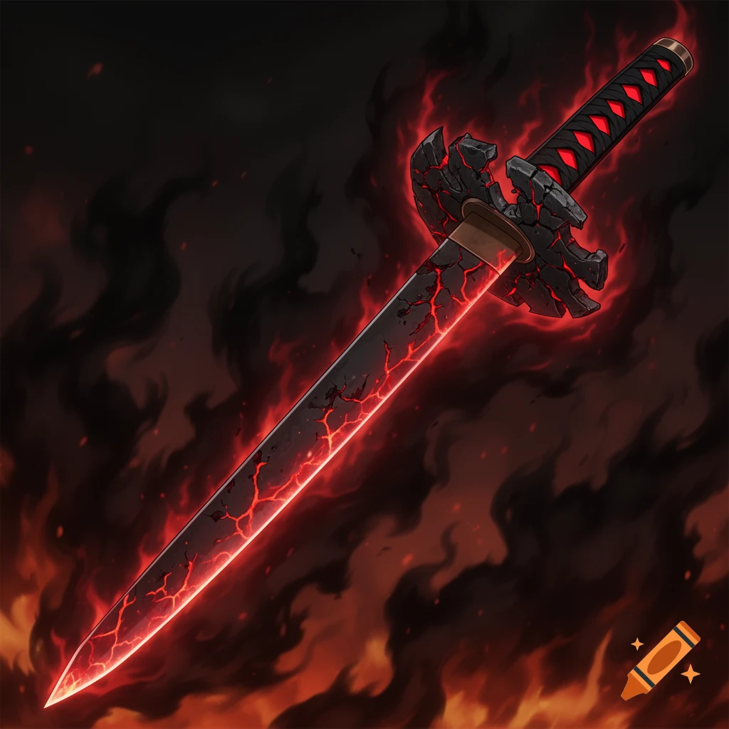 An anime-style dark katana with a matte black blade, glowing red cracks, a broken guard, and a black handle, surrounded by black flames.
