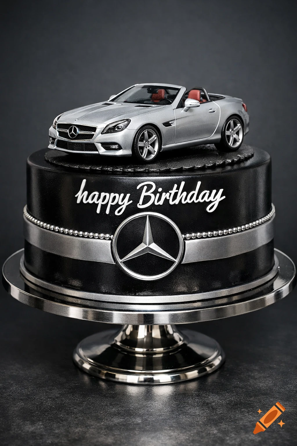 A photorealistic black birthday cake, topped with a silver Mercedes-Benz SLK car, featuring 'happy Birthday' text and a Mercedes logo.