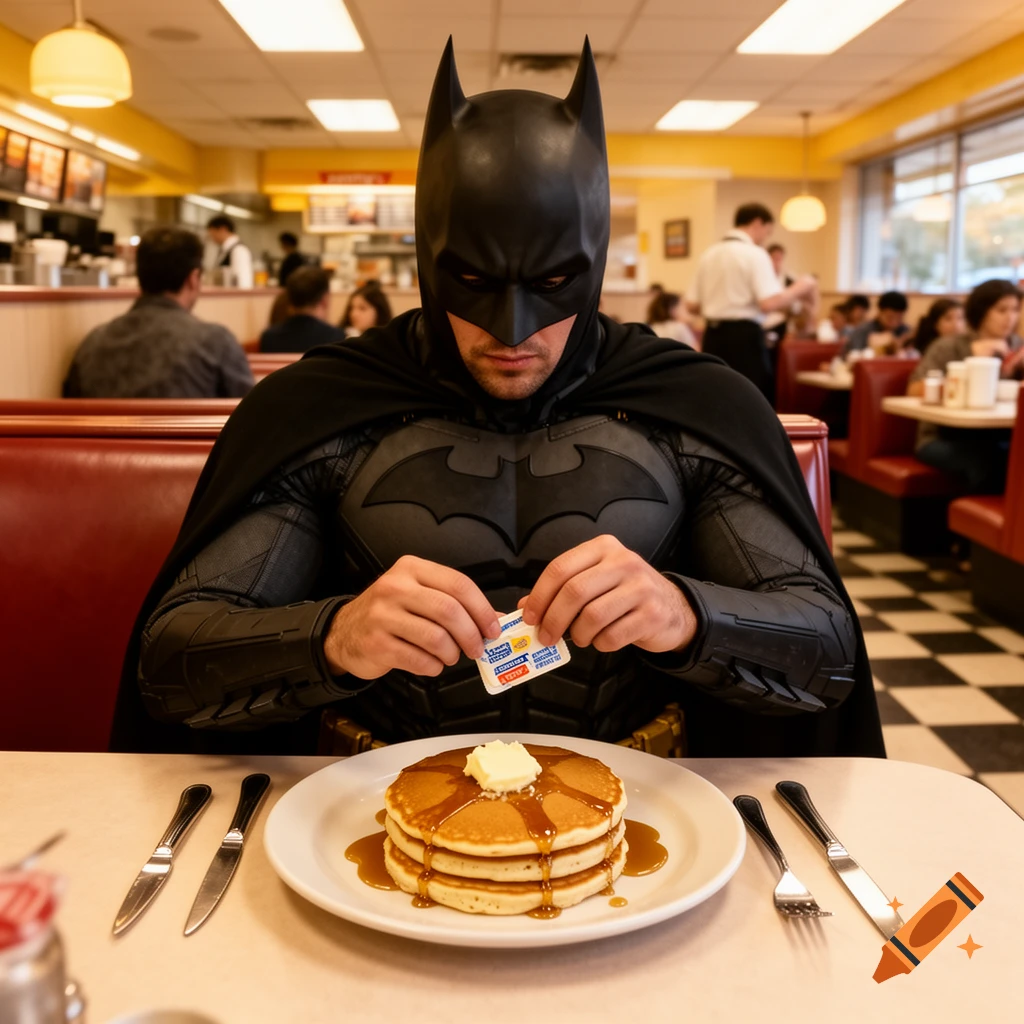 Batman, in his full suit, holds a butter packet over a stack of pancakes with syrup in a bustling diner.