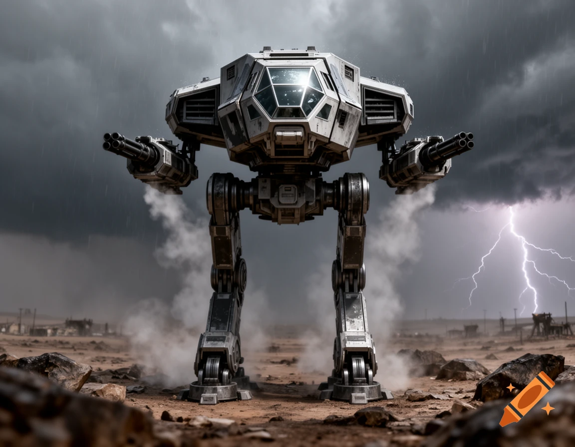 A large, detailed robotic battlewalker stands on a rocky, dusty plain under a stormy sky with lightning.
