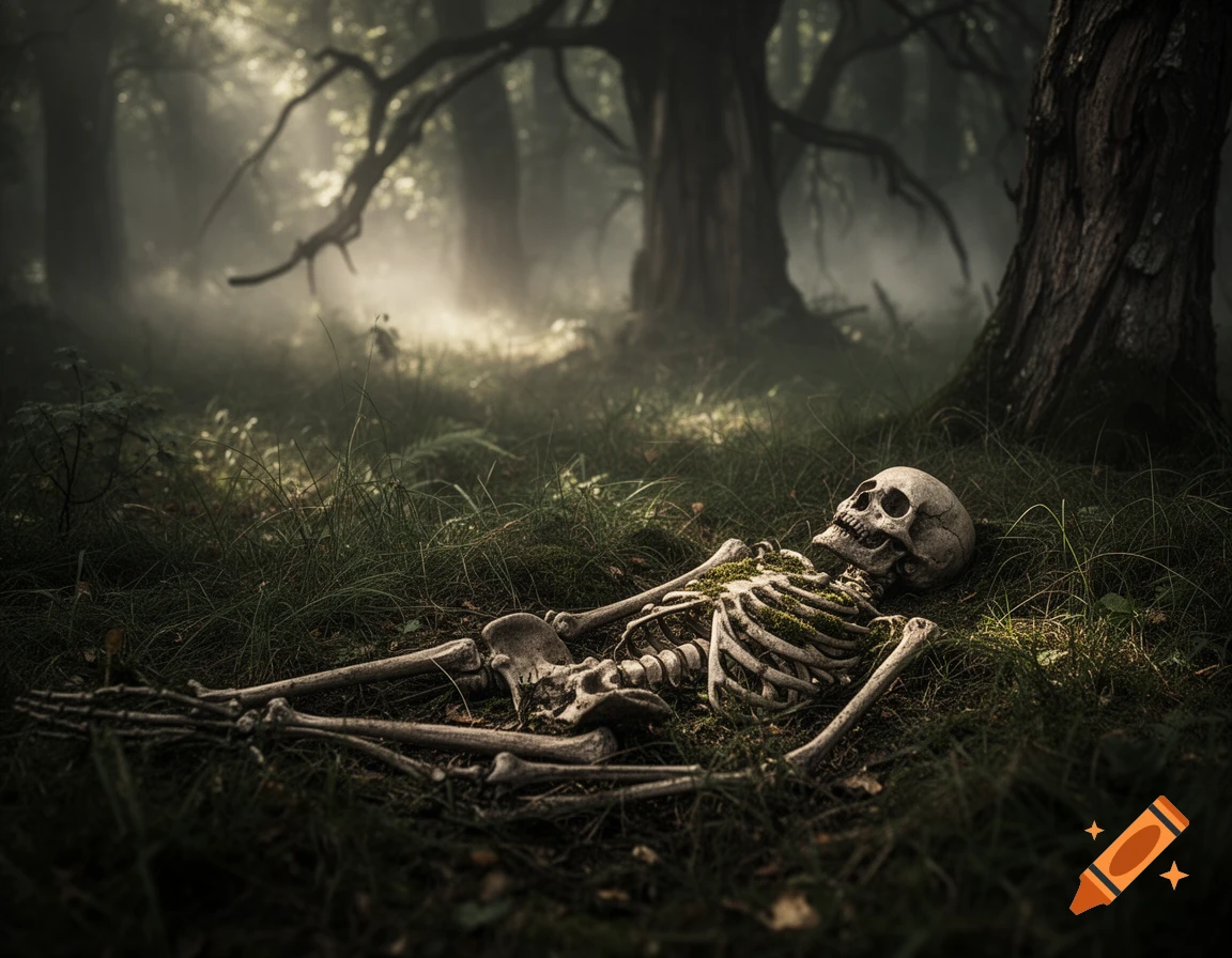 A photorealistic image of a skeleton covered in moss lying on a forest floor amidst tall grass and mist-shrouded trees.