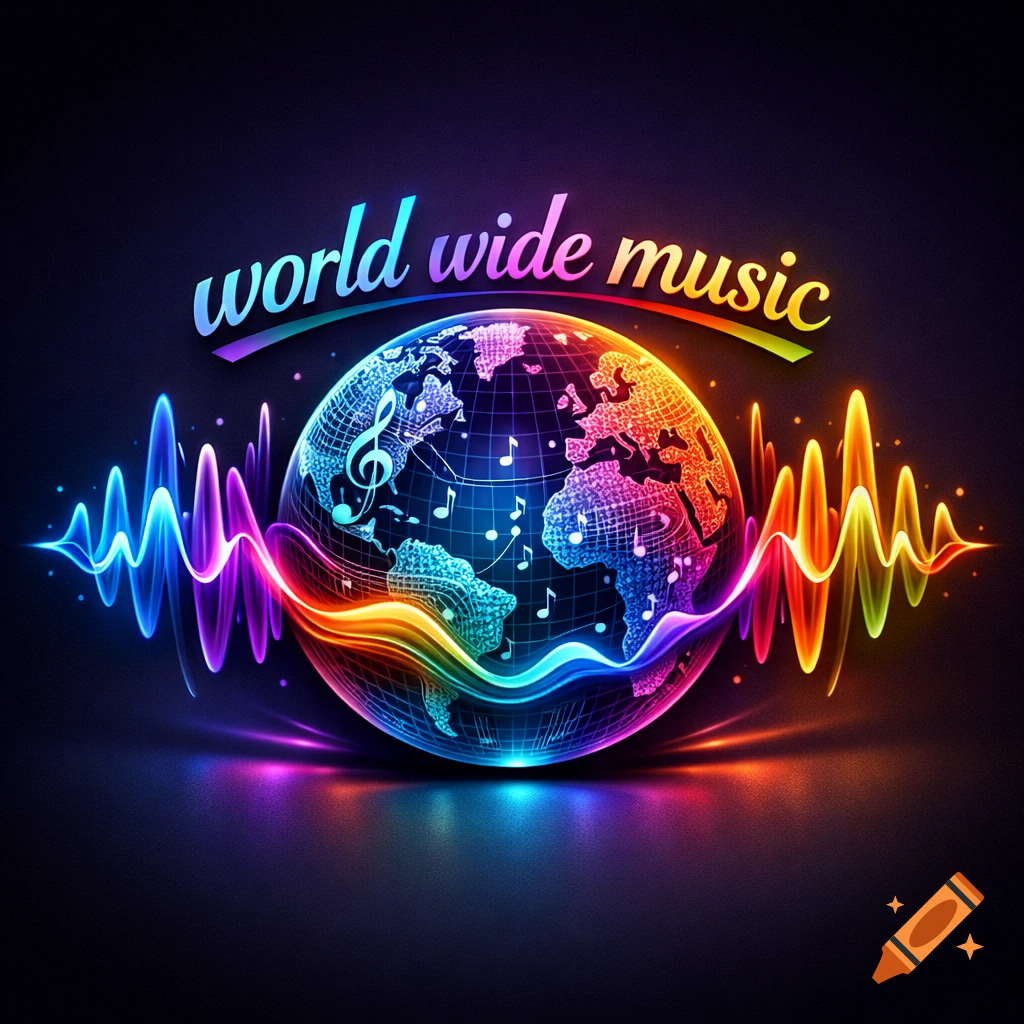 A vibrant, neon-lit globe with music notes and sound waves, displaying 'world wide music' text.