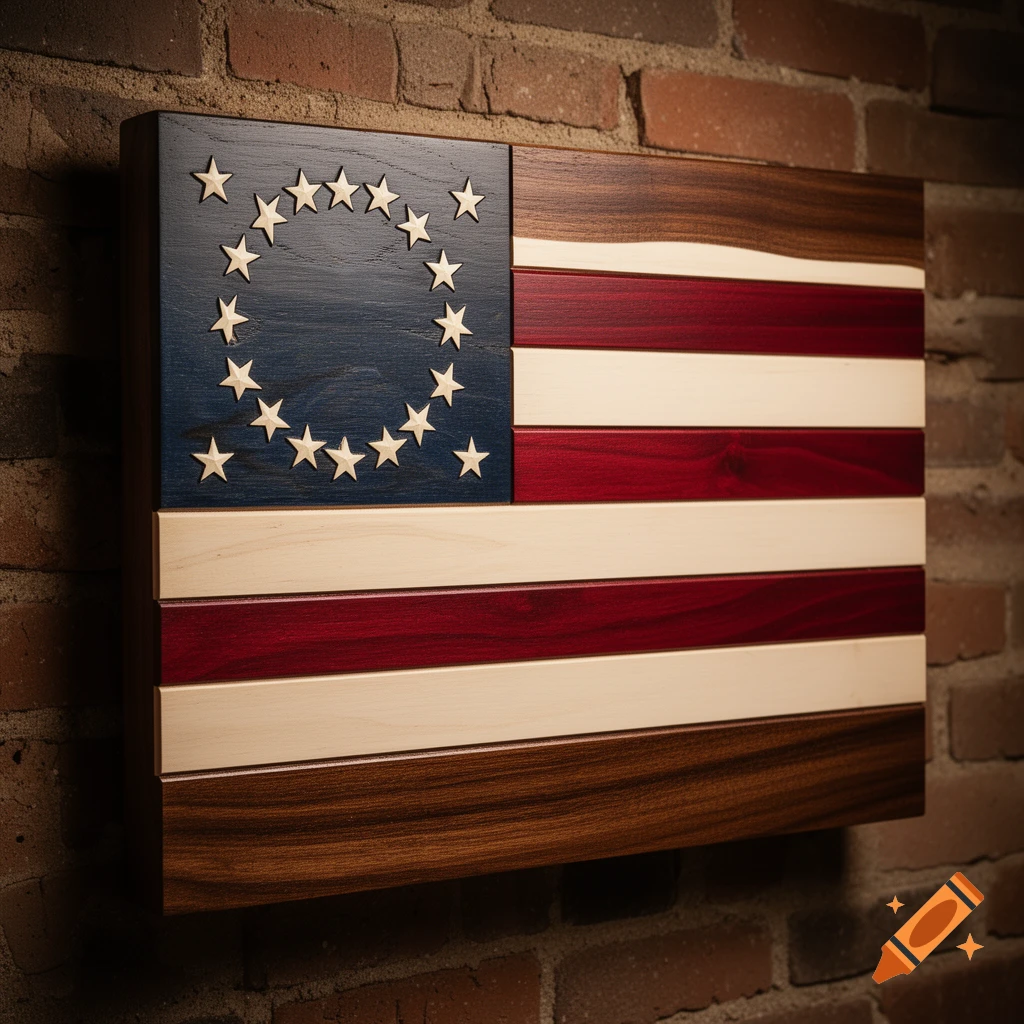 A wooden American flag, featuring 13 carved stars arranged in a circle, with red, white, and natural wood stripes, mounted on a brick wall.