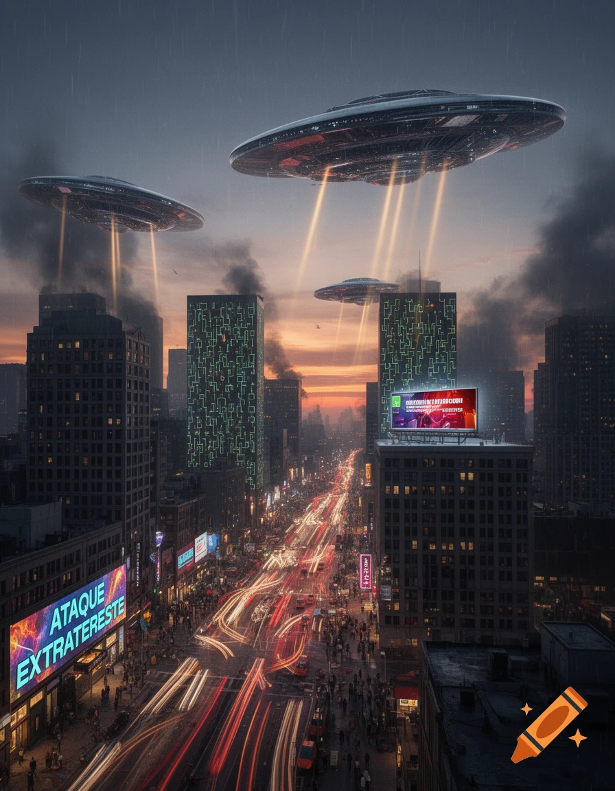 UFOs with light beams hover over a busy city street at dusk, with smoke rising from buildings and glowing billboards.