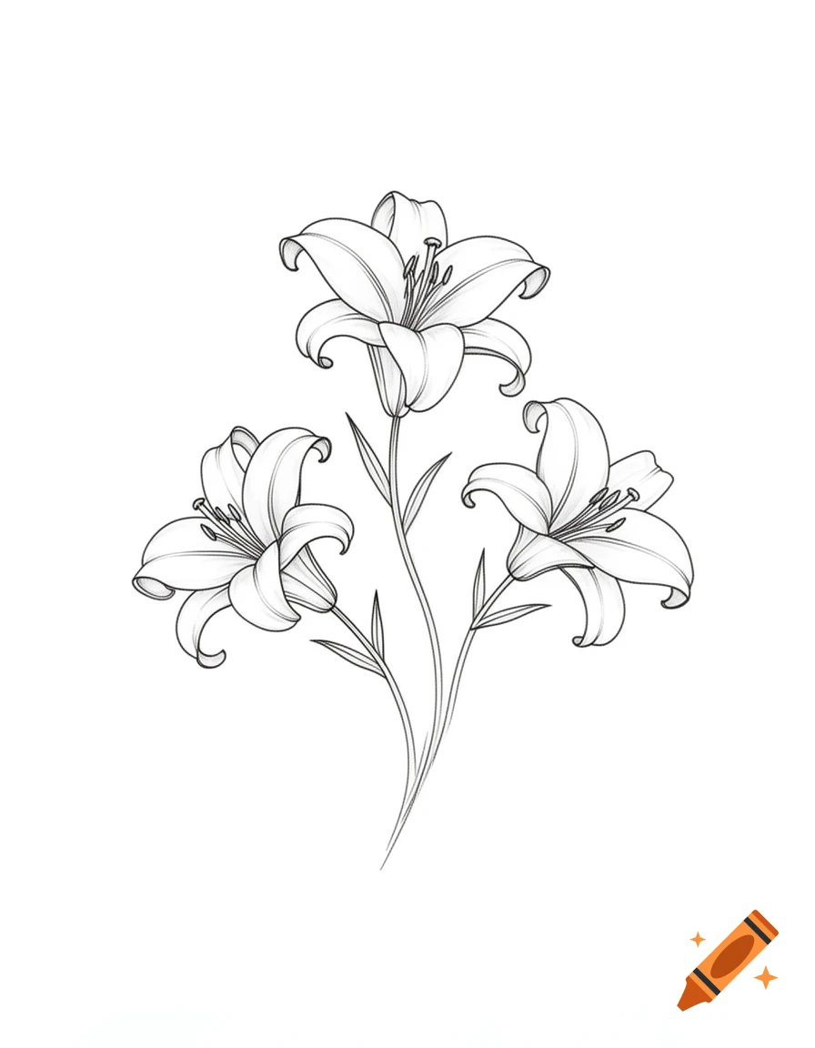 Line art drawing of three lily flowers with curling petals and long stems, on a white background, suitable for a tattoo design.