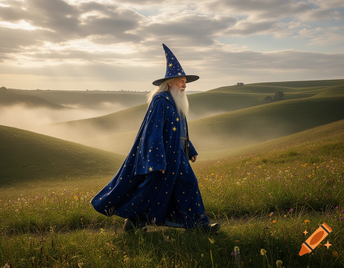 An old wizard with a long white beard, wearing a blue robe with yellow ...
