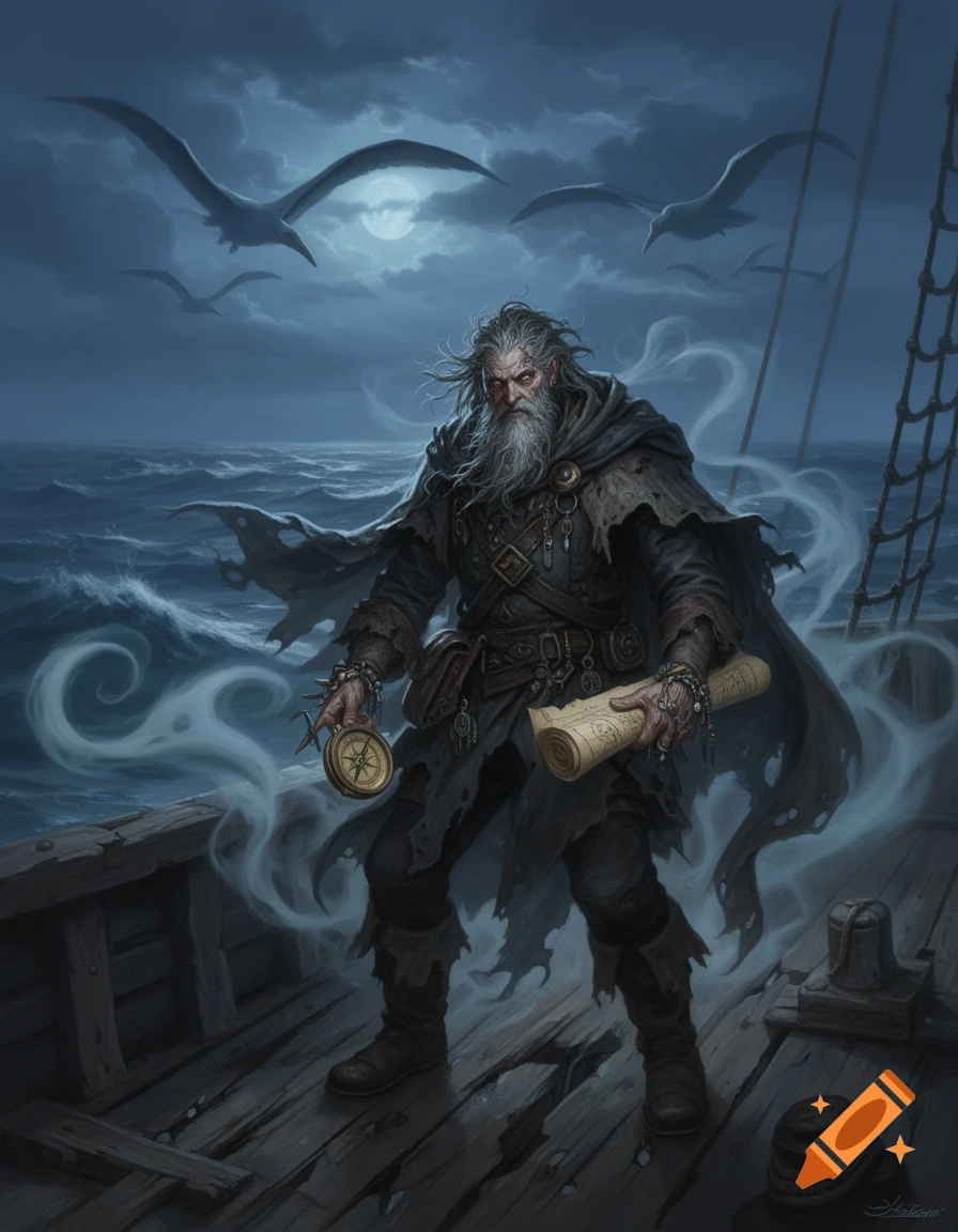 A weathered old fantasy mariner stands on a ship deck holding a compass and map amidst a stormy sea under a full moon.