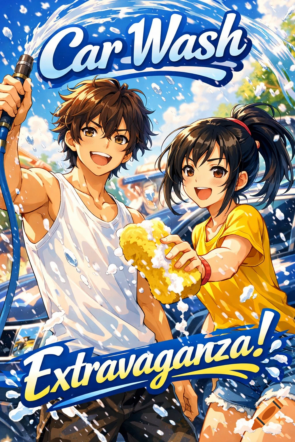 Anime-style poster of a smiling boy holding a hose and a girl with a sponge washing a car, with 'Car Wash Extravaganza!' text.