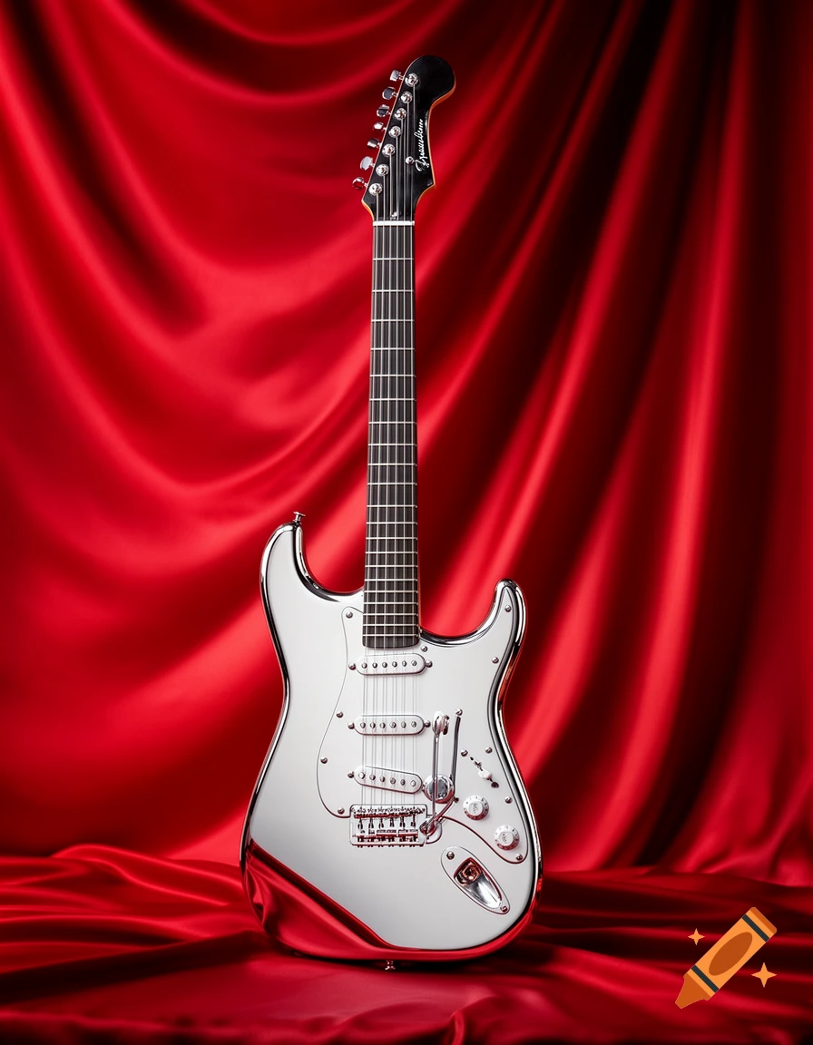 A shiny chrome electric guitar with a black headstock, standing upright against a vibrant red silk background.