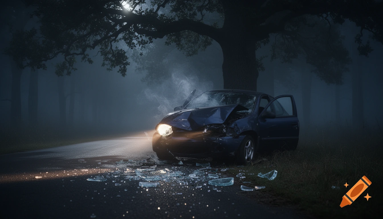 A damaged dark blue car crashed on a foggy rural road at night, with a lit headlight, smoke, and shattered glass on the ground.