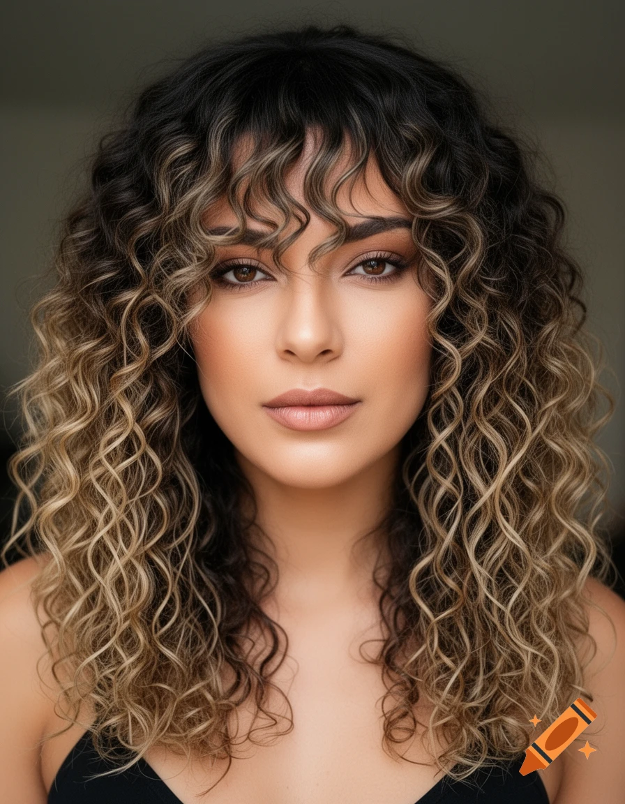 Photorealistic portrait of a woman with long, two-toned curly hair and bangs, looking directly at the viewer.