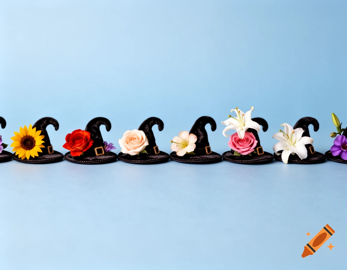 A row of black witch hats, each adorned with a different colorful flower, on a light blue background.