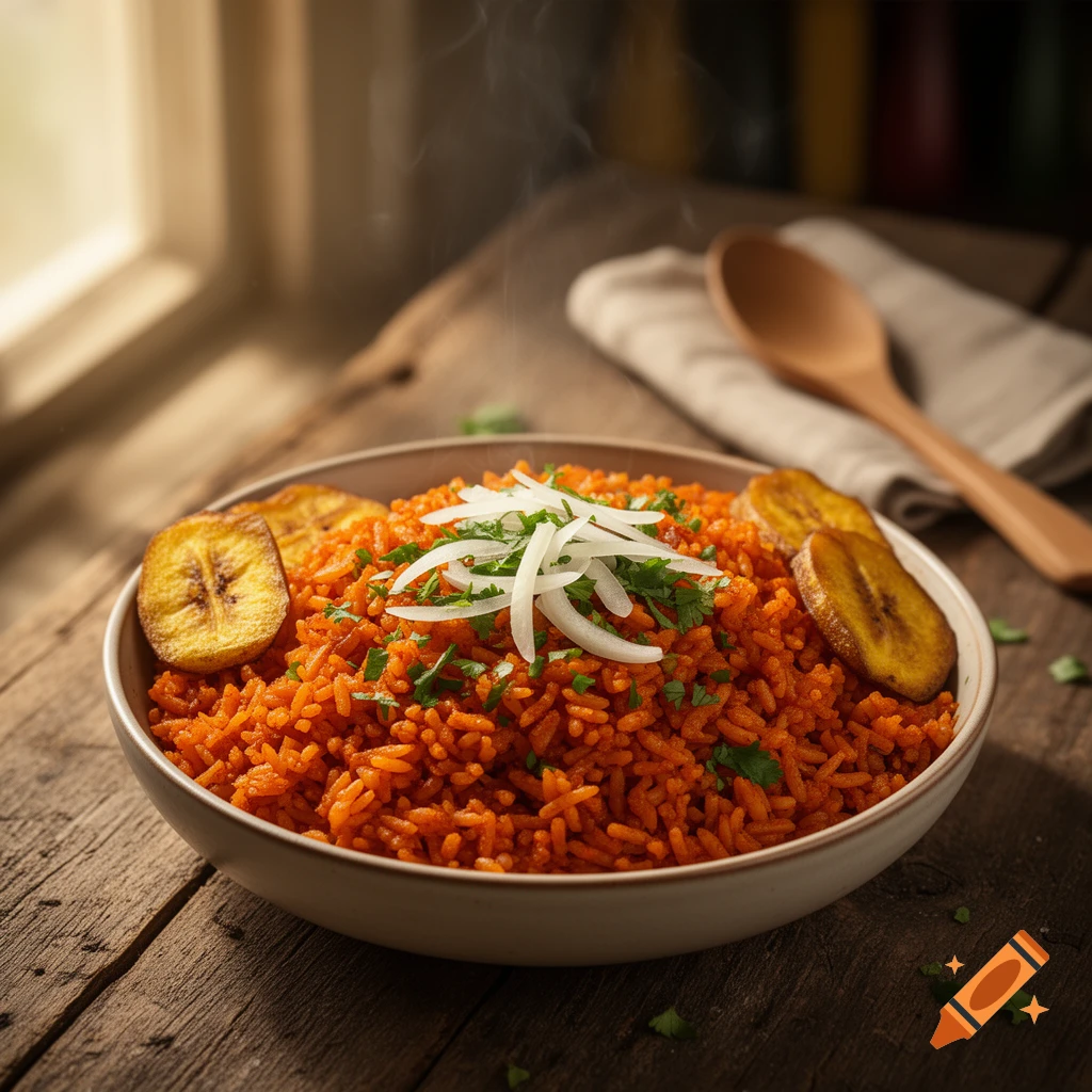 A steaming bowl of jollof rice topped with sliced onions and parsley, served with fried plantains on a rustic wooden table by a window.