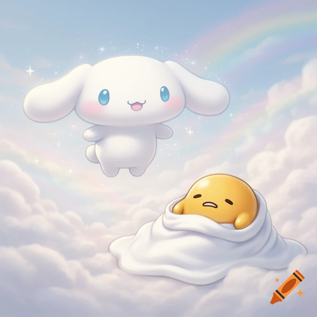 Cinnamoroll floats above a sleeping Gudetama wrapped in clouds, against a pastel sky with a rainbow.