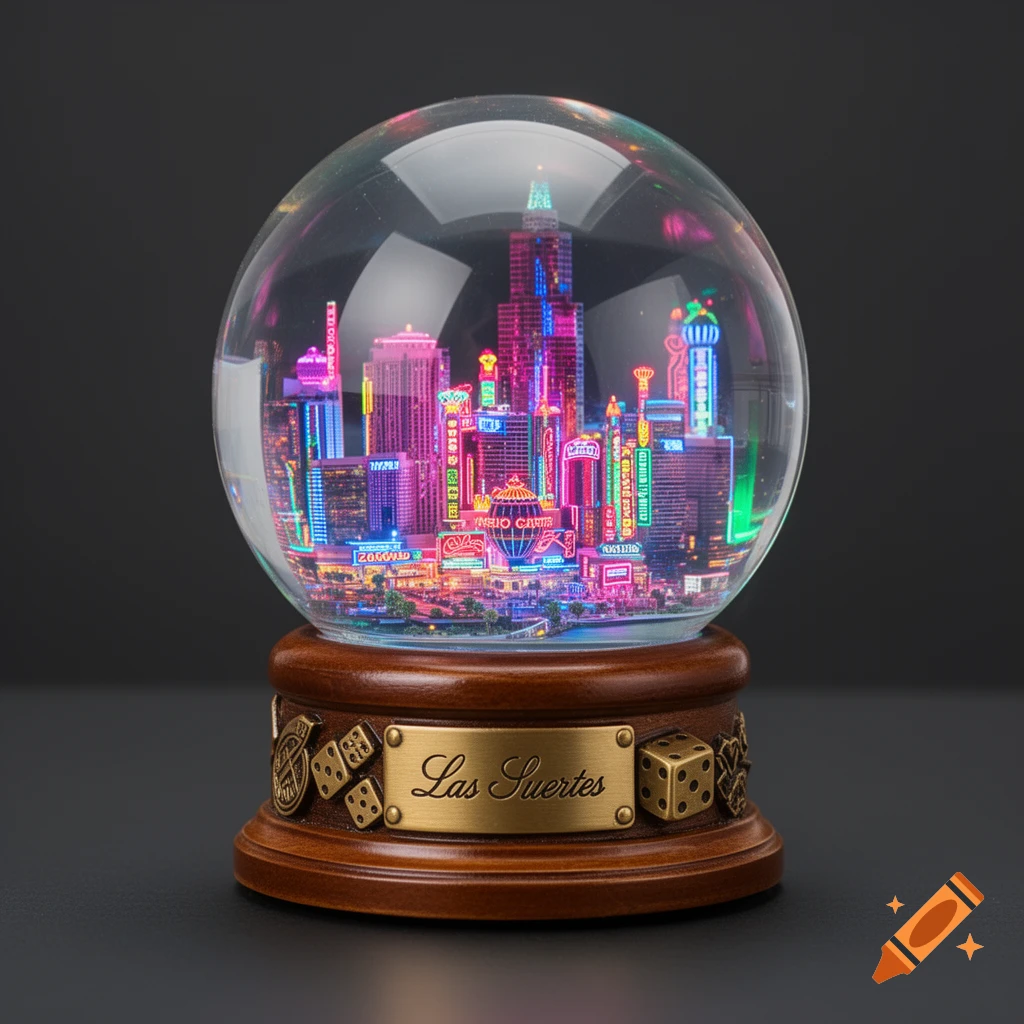 A detailed snow globe with a vibrant neon cityscape, casinos, and a wooden base featuring a "Las Suertes" label.
