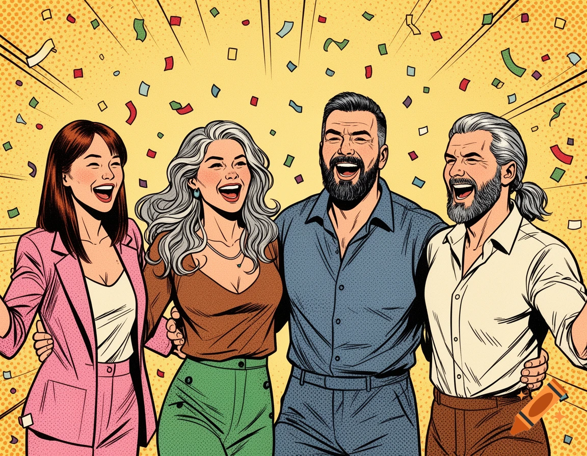 Four diverse people, two women and two men, laughing and celebrating with confetti falling around them, in a vibrant 1960s comic pop art style.