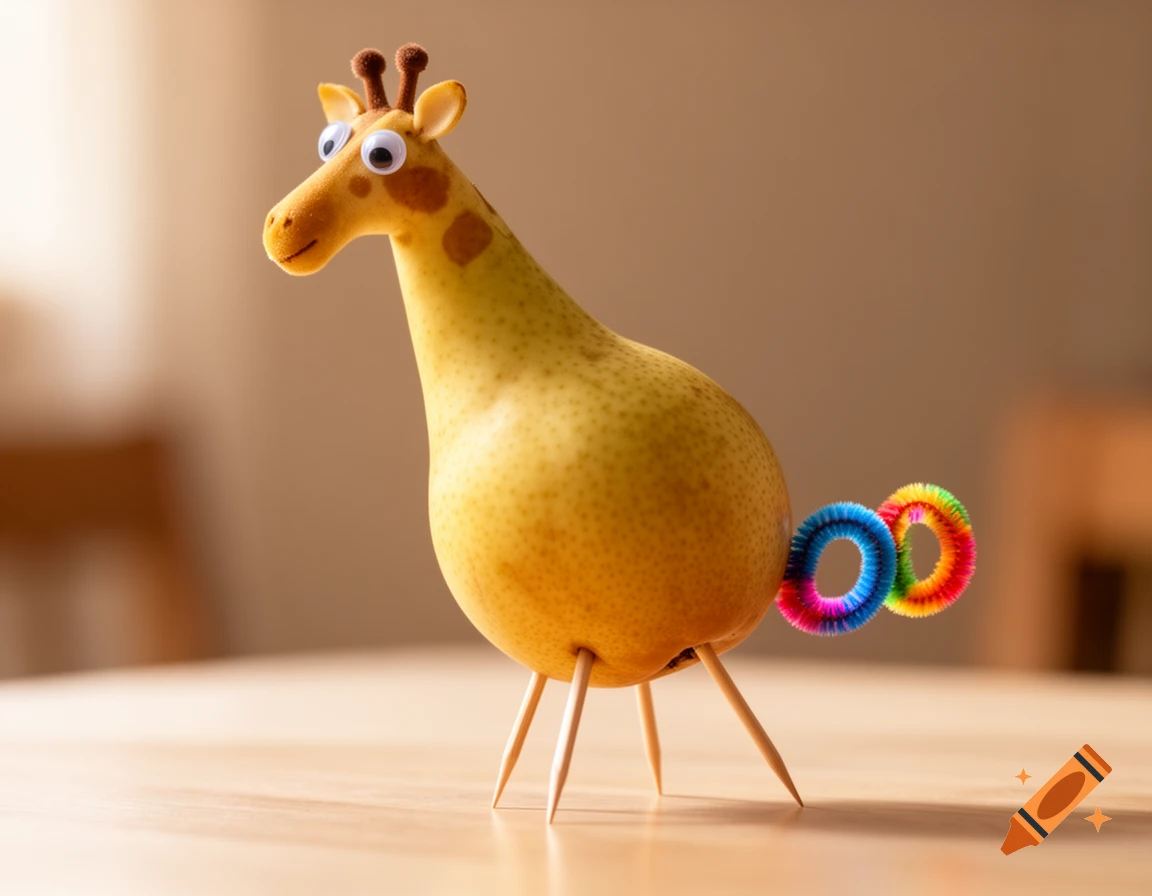 A pear with googly eyes, toothpick legs, and a colorful pipe cleaner tail, shaped to resemble a giraffe, stands on a wooden table.