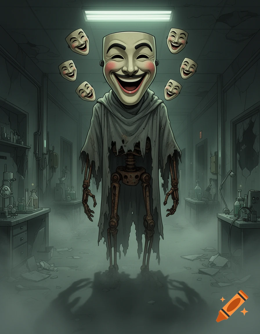 Eerie concept art of a tall creature with a giant smiling mask and rusted skeleton in a misty abandoned research facility, surrounded by floating masks.