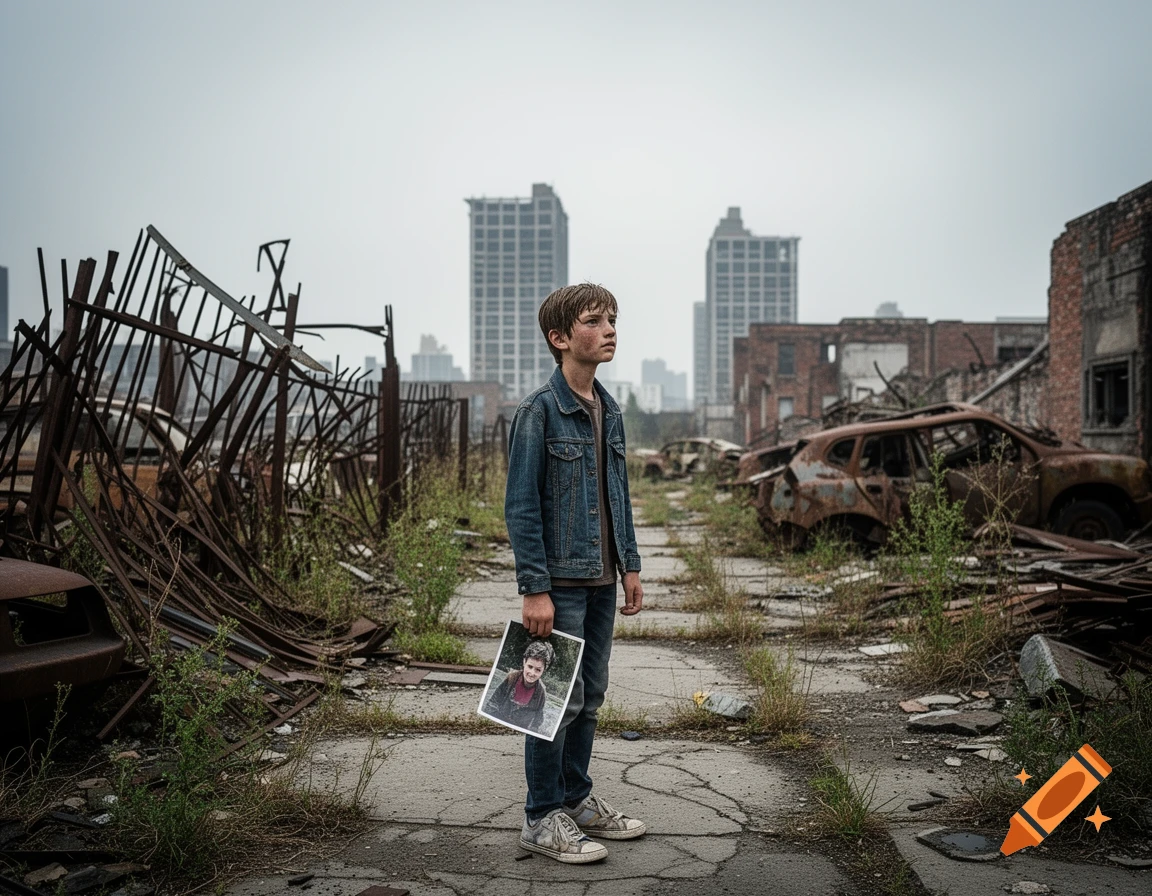A young boy stands in a devastated city street, holding a photo of ...