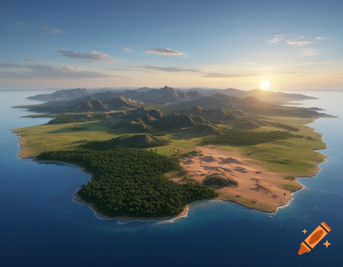 Aerial view of a diverse landmass with mountains, forests, grasslands, sand dunes, and ocean under a sunrise sky. Photorealistic.