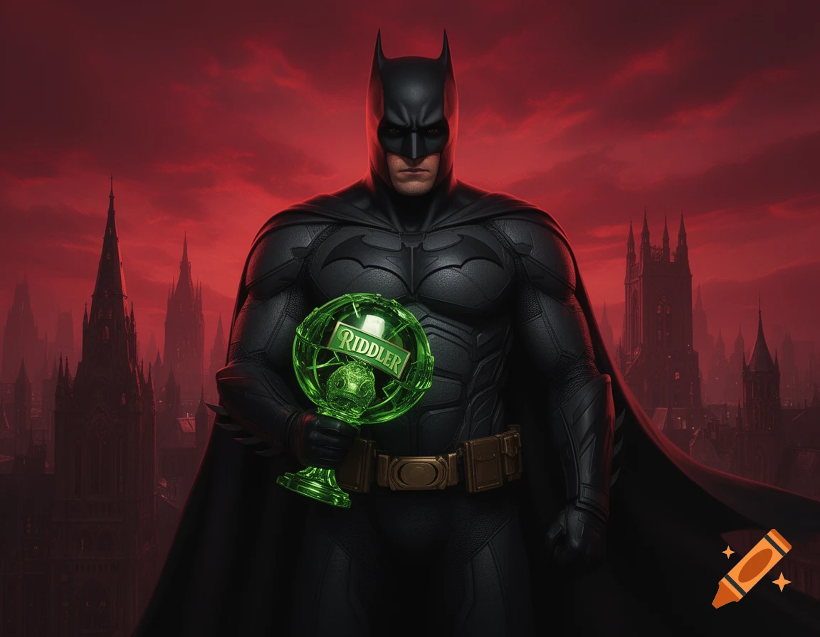 Batman in a dark suit holds a glowing green Riddler trophy against a dramatic red sky and Gothic city spires.
