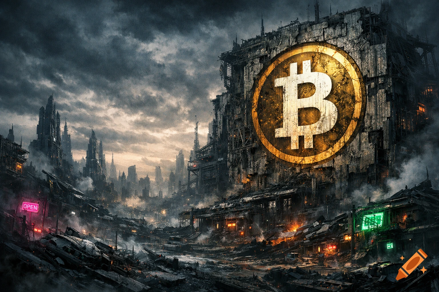 Dystopian cityscape with a large Bitcoin logo on a crumbling building, under a dark, cloudy sky.