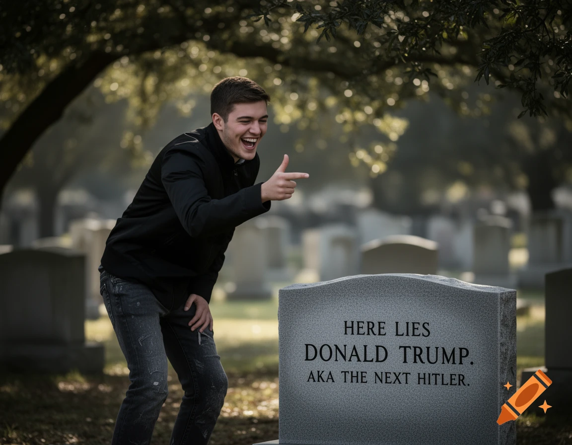 A man laughs and points at a tombstone in a cemetery. The tombstone reads, "Here Lies Donald Trump. AKA The Next Hitler."