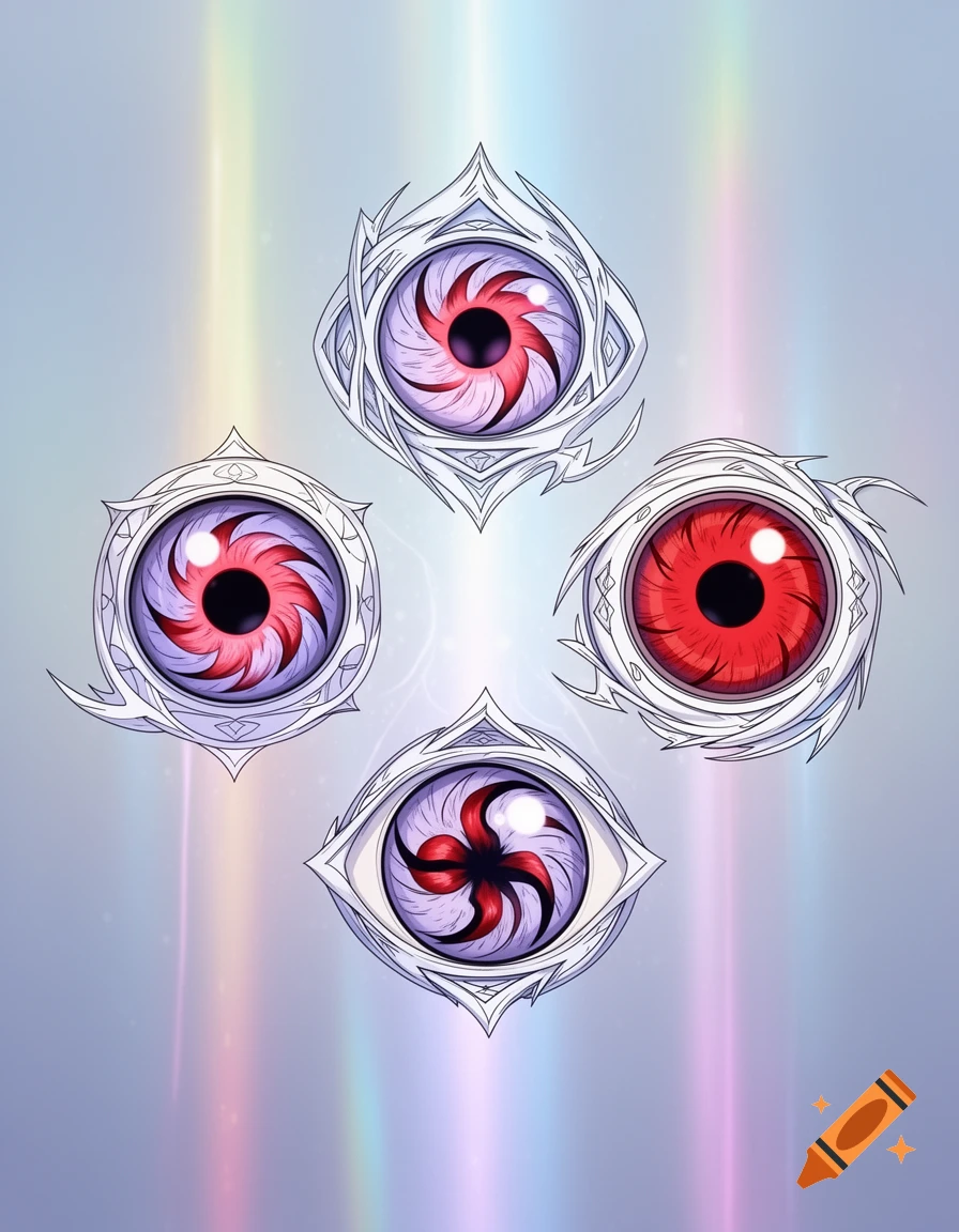 Four stylized anime Mangekyō Sharingan-like eyes in various red and purple designs on a gradient background with subtle light rays.