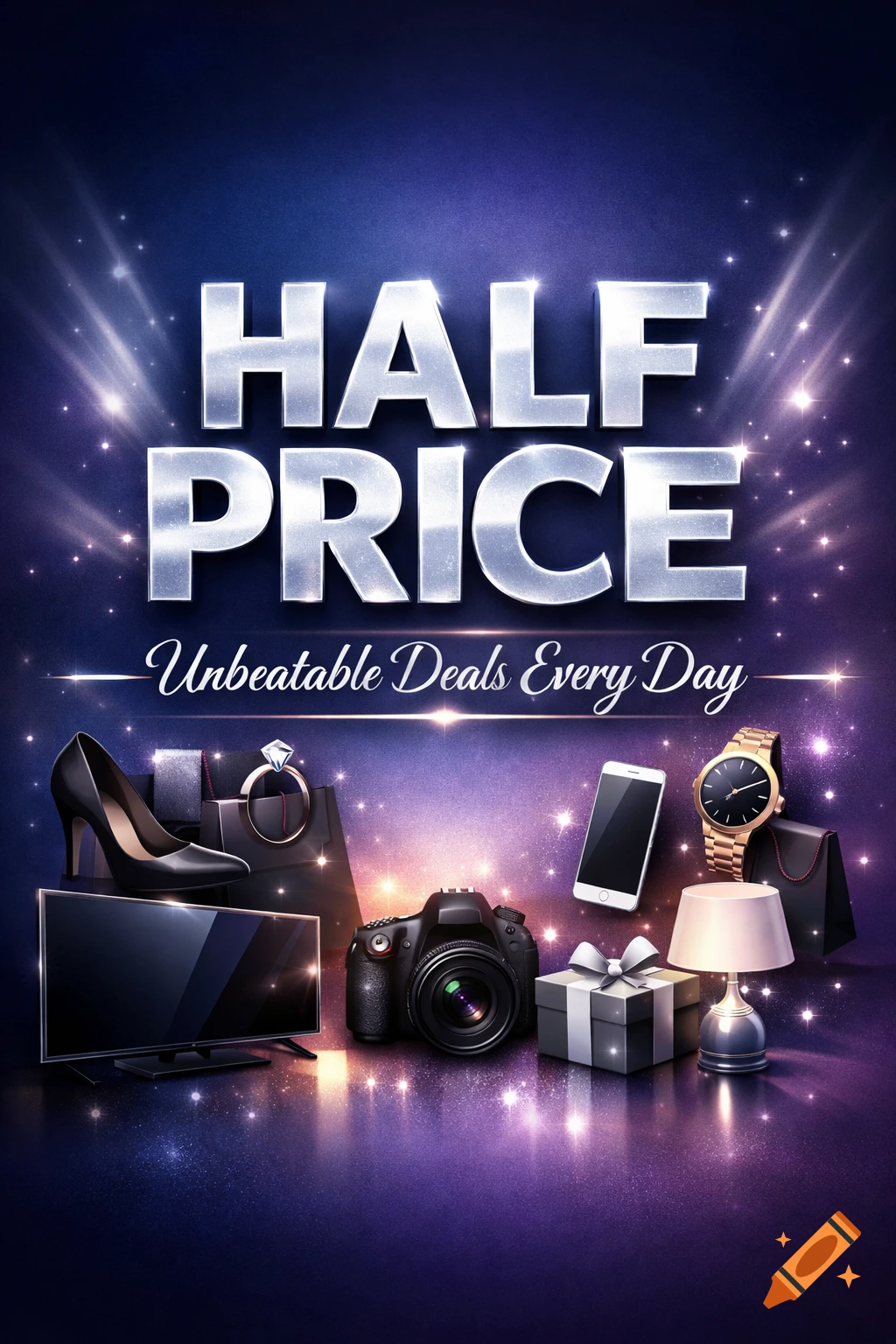 A shiny silver 'HALF PRICE' text on a sparkling purple and blue background with various products like a camera, TV, and accessories.