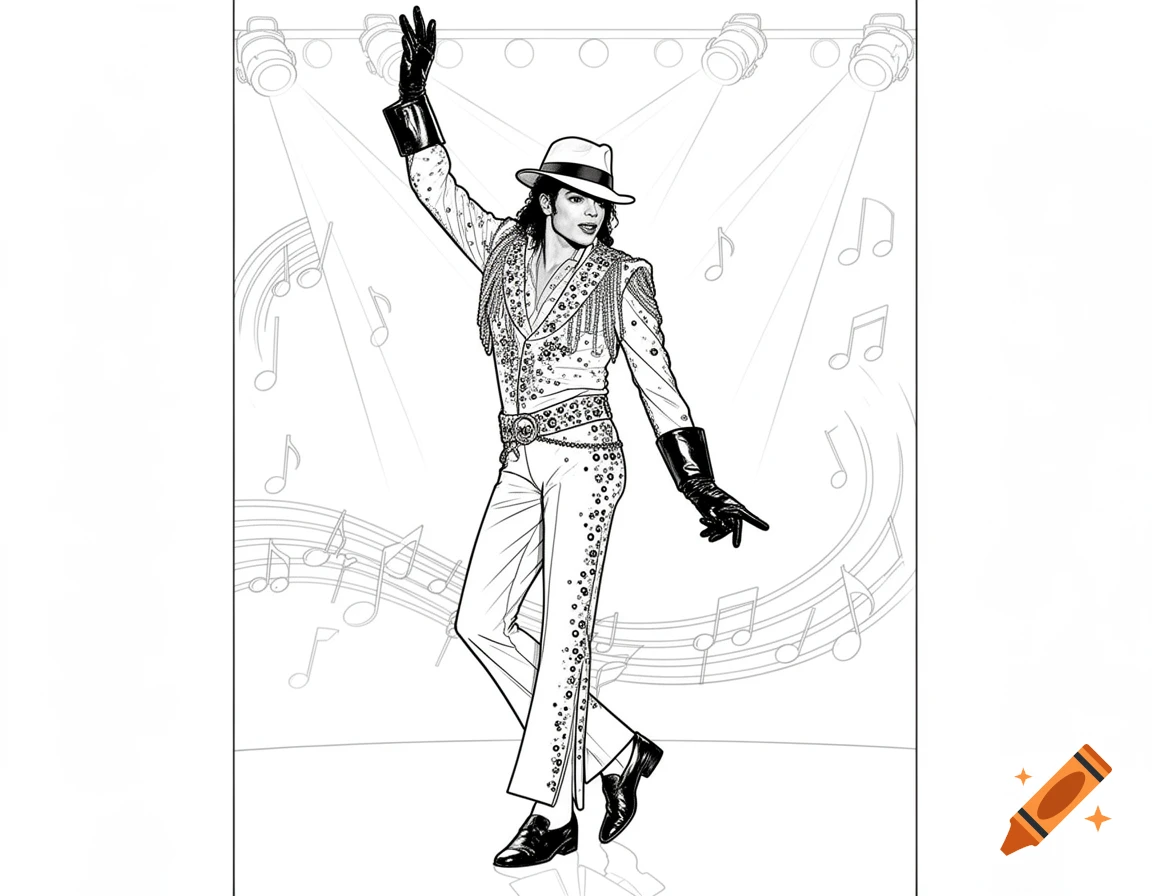 Black and white coloring page illustration of Michael Jackson dancing on stage with spotlights and music notes.