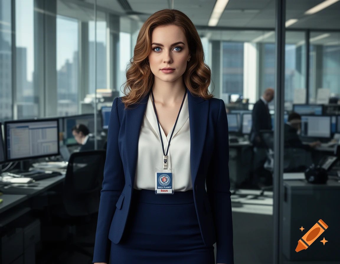 A photorealistic portrait of a woman in a blue business suit and white shirt, wearing an ID badge, standing in a modern office.