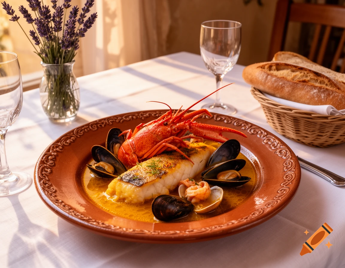 A photorealistic seafood dish featuring a red lobster, fish fillet, mussels, and clams on an ornate plate, set on a white table with wine glasses, bread, and lavender.