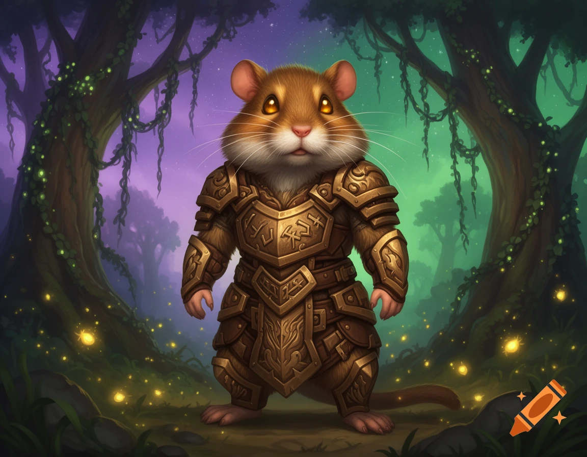 A anthropomorphic gerbil warrior in ornate gold armor stands in a magical forest with glowing fireflies, in a WoW style.