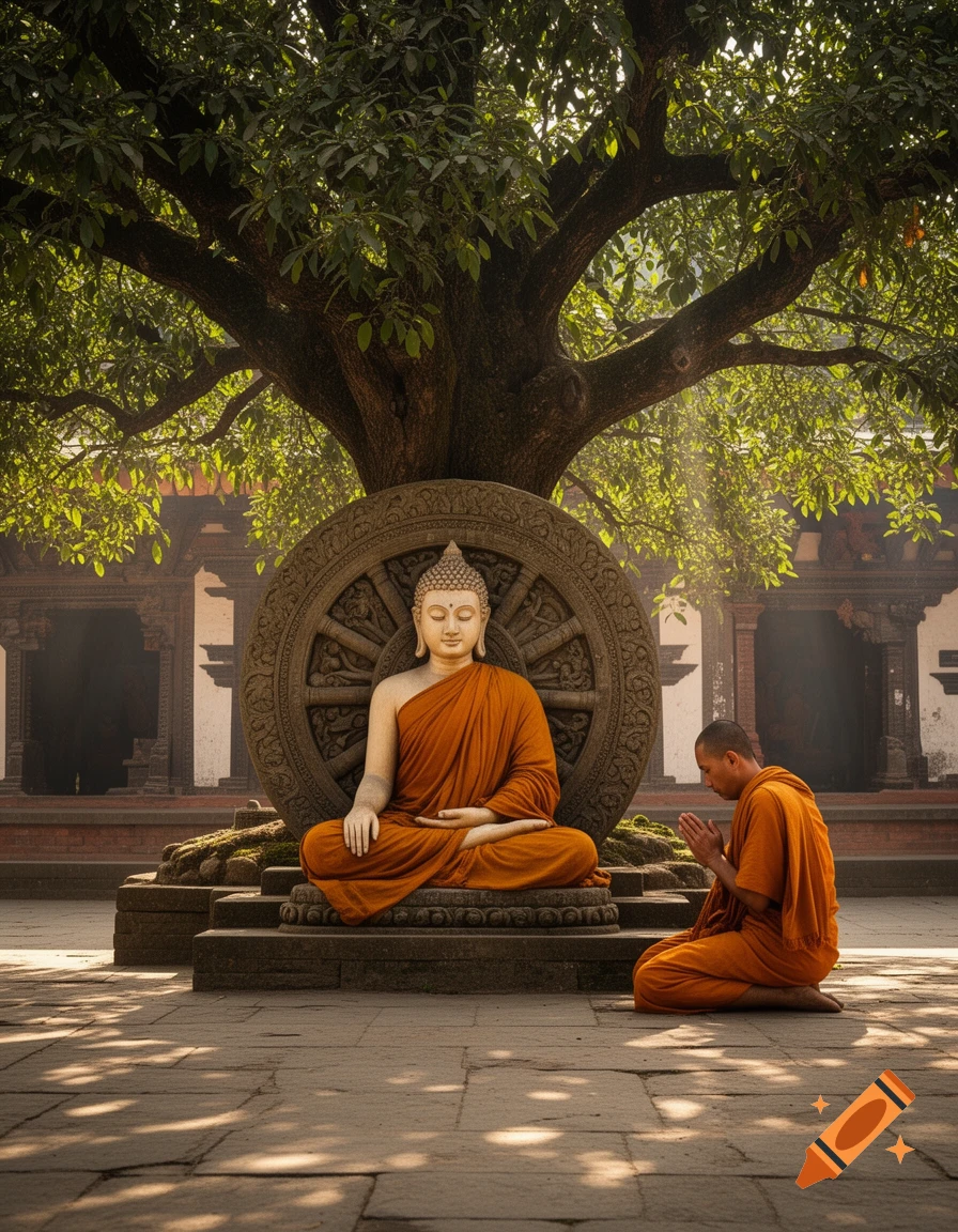 A monk kneels in prayer before a Buddha statue and a large stone Dharma wheel under a Bodhi tree in a sunny temple courtyard.