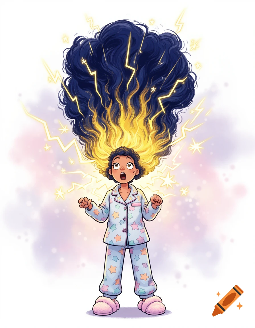 Cartoon woman in star pajamas, wide-eyed, with electric curly hair standing up, surrounded by lightning and stars.