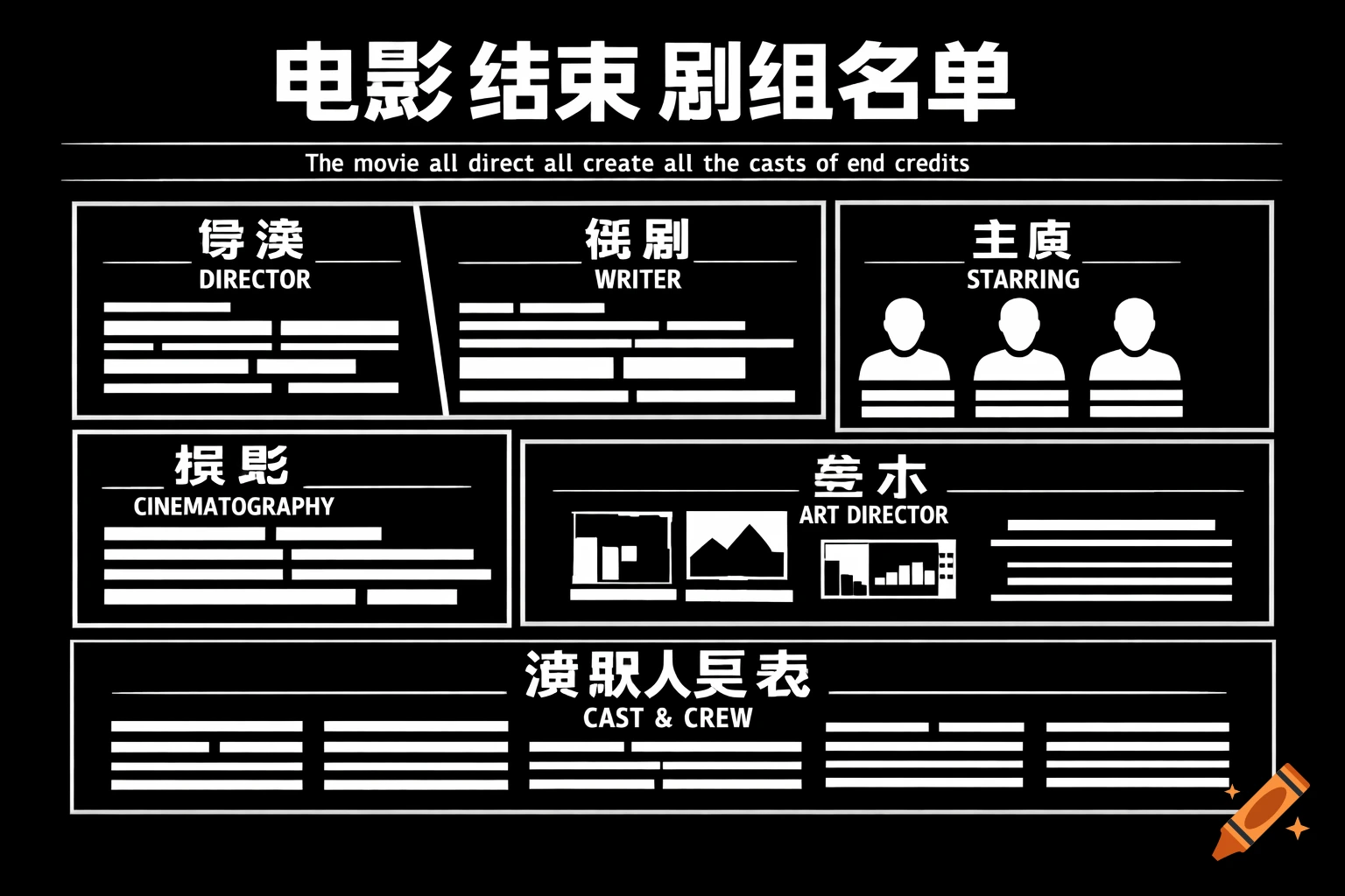 Movie end credits screen with white Chinese and English text on a black background, listing crew roles like director, writer, and cast.