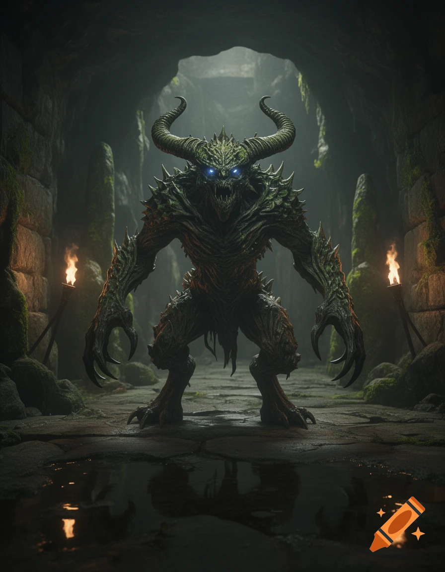 A fearsome, green-skinned horned monster with glowing blue eyes stands in a dark, torchlit cave with puddles.