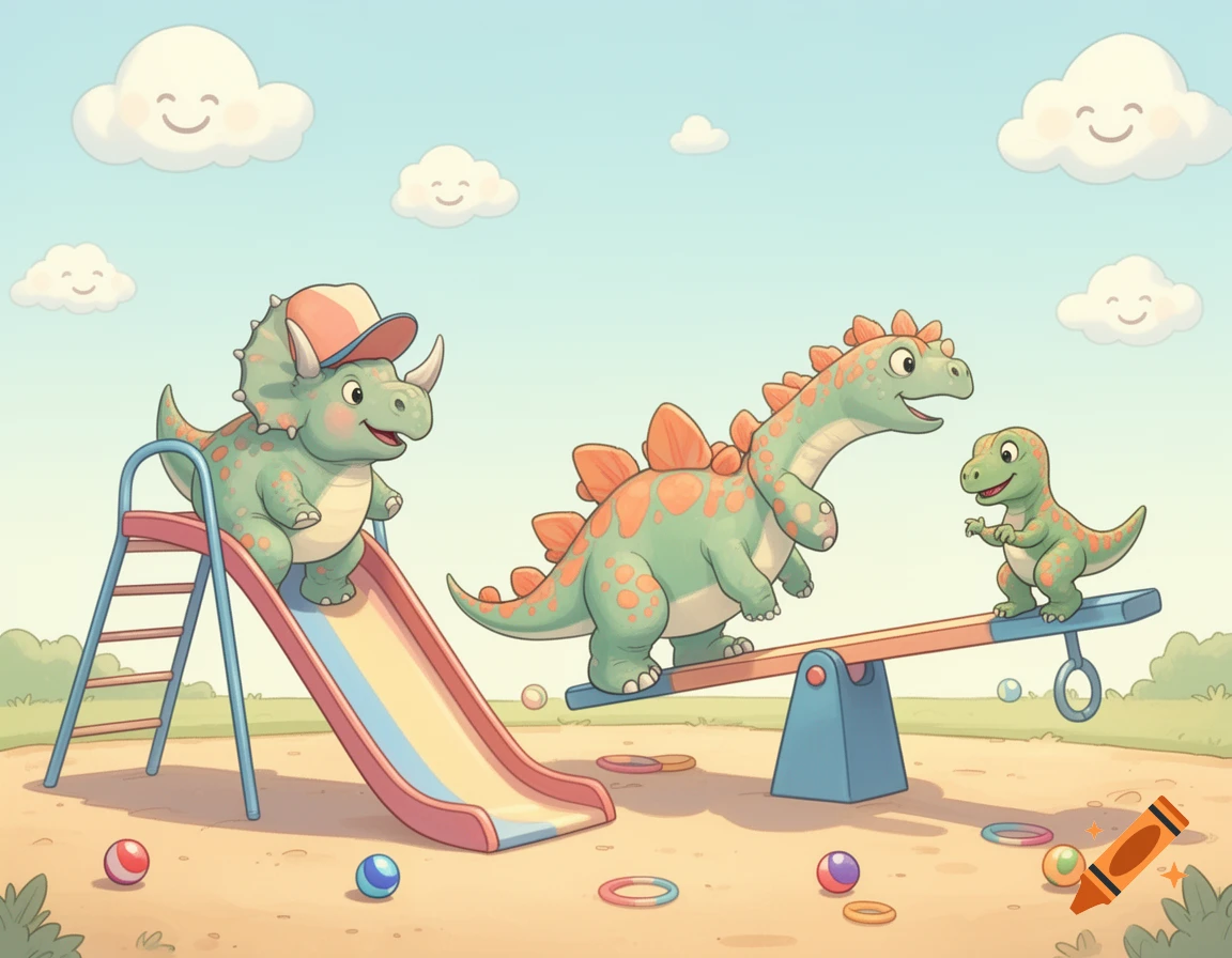 Cartoon dinosaurs playing in a sunny playground: a triceratops on a slide, a stegosaurus and a small raptor on a seesaw.