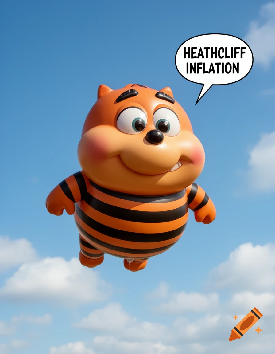 An inflated, orange and black striped cartoon Heathcliff cat character floats in a blue sky, with a speech bubble reading "HEATHCLIFF INFLATION".