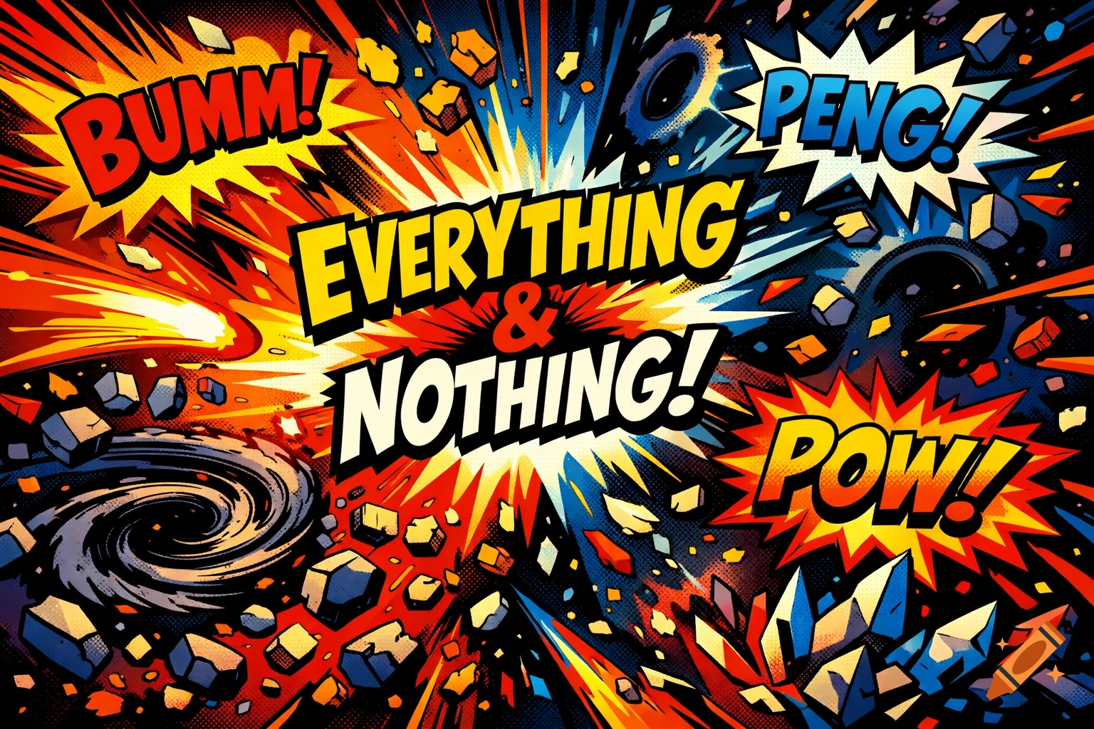 A vibrant comic art explosion with bold text bubbles saying 'BUMM!', 'EVERYTHING & NOTHING!', 'PENG!', 'POW!'. It features dynamic bursts of color, scattered debris, and a swirling vortex.