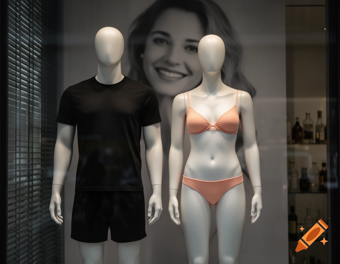 Two mannequins in a dimly lit store window; a male in black t-shirt and shorts, a female in peach bralette and briefs. Photorealistic.