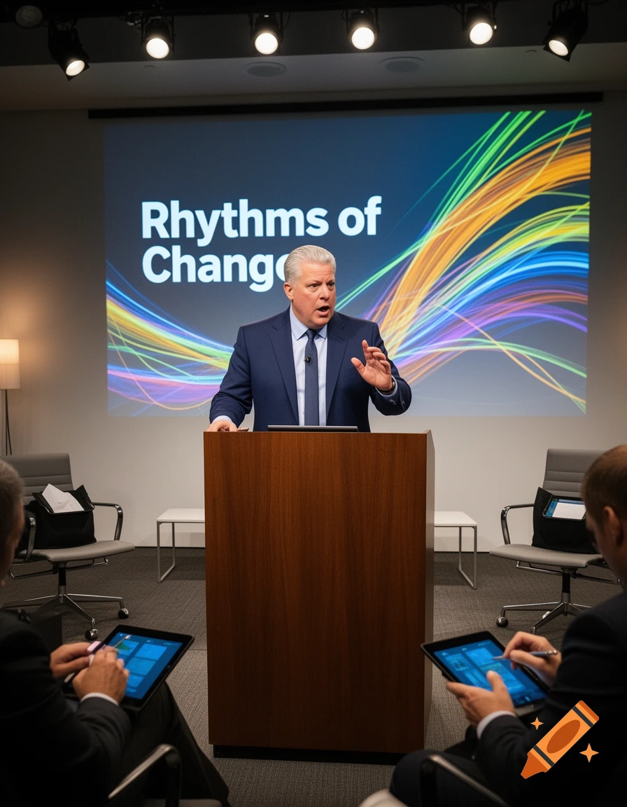 A man in a suit speaks at a wooden podium in front of a large screen displaying "Rhythms of Chang" and colorful abstract lines, with two audience members using tablets in the foreground.