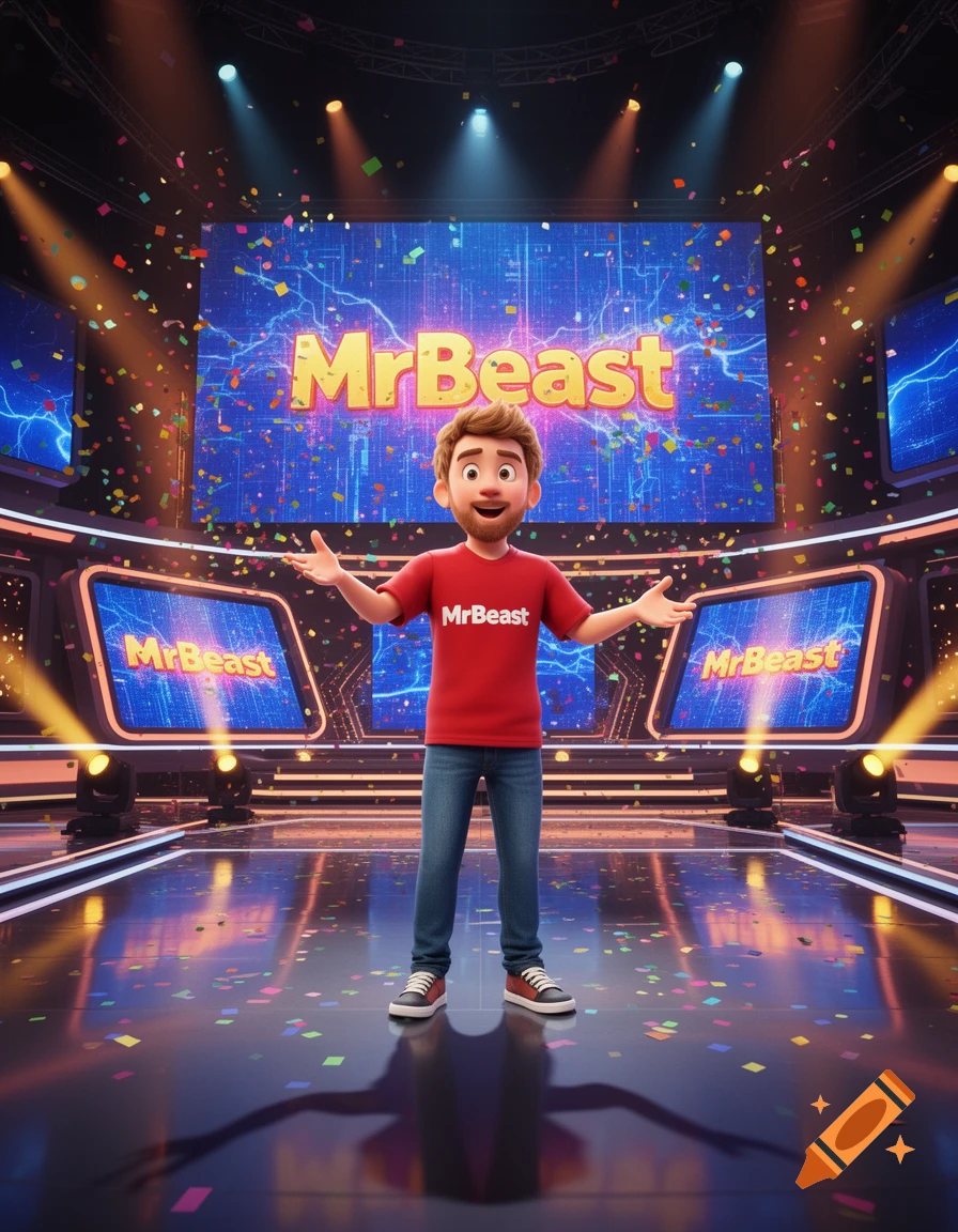 A 3D animated character resembling MrBeast stands on a vibrant game show stage with screens displaying his name and confetti falling.