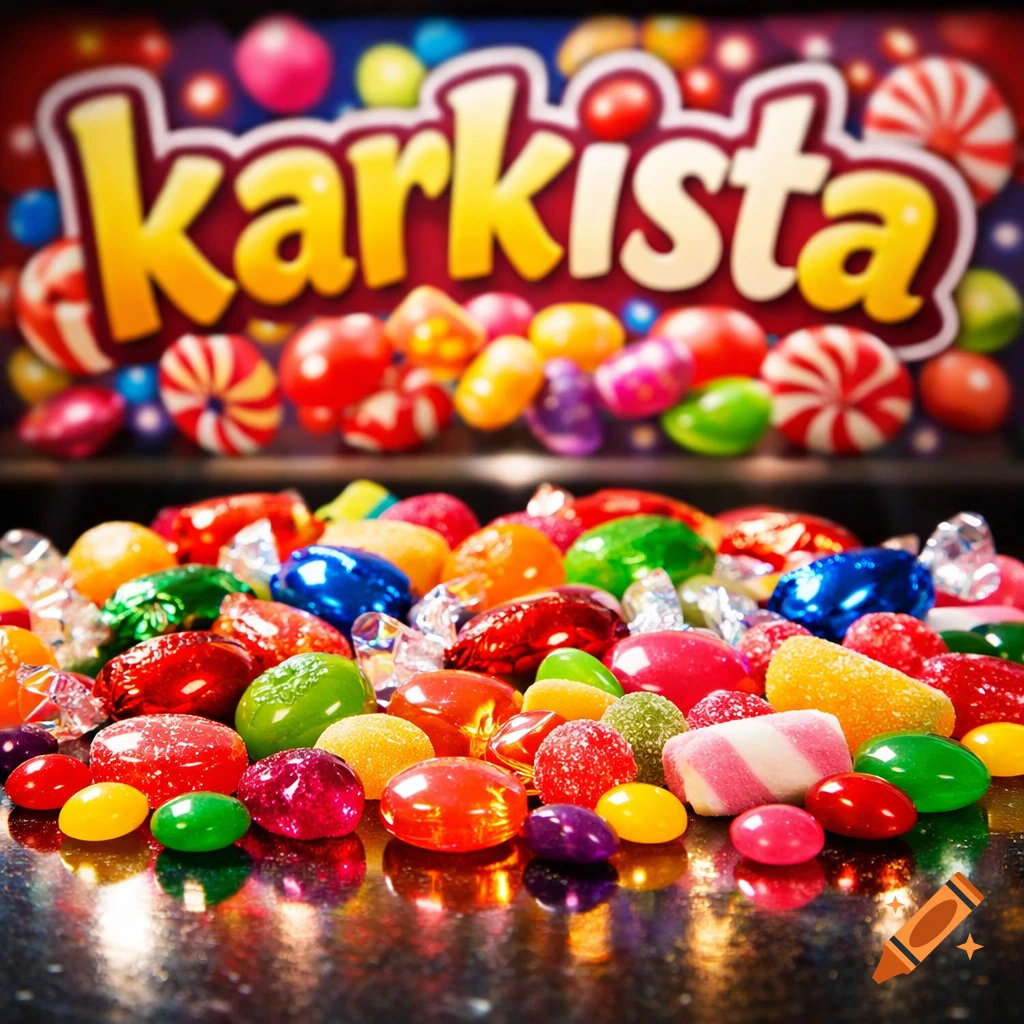 A vibrant close-up of a pile of assorted colorful candies reflecting on a dark surface, with a blurred 'Karkista' sign in the background, photorealistic style.