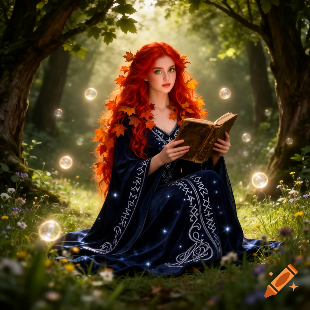 A red-haired witch in a blue dress with rune patterns sits in a magical forest, reading an old book amidst glowing orbs.