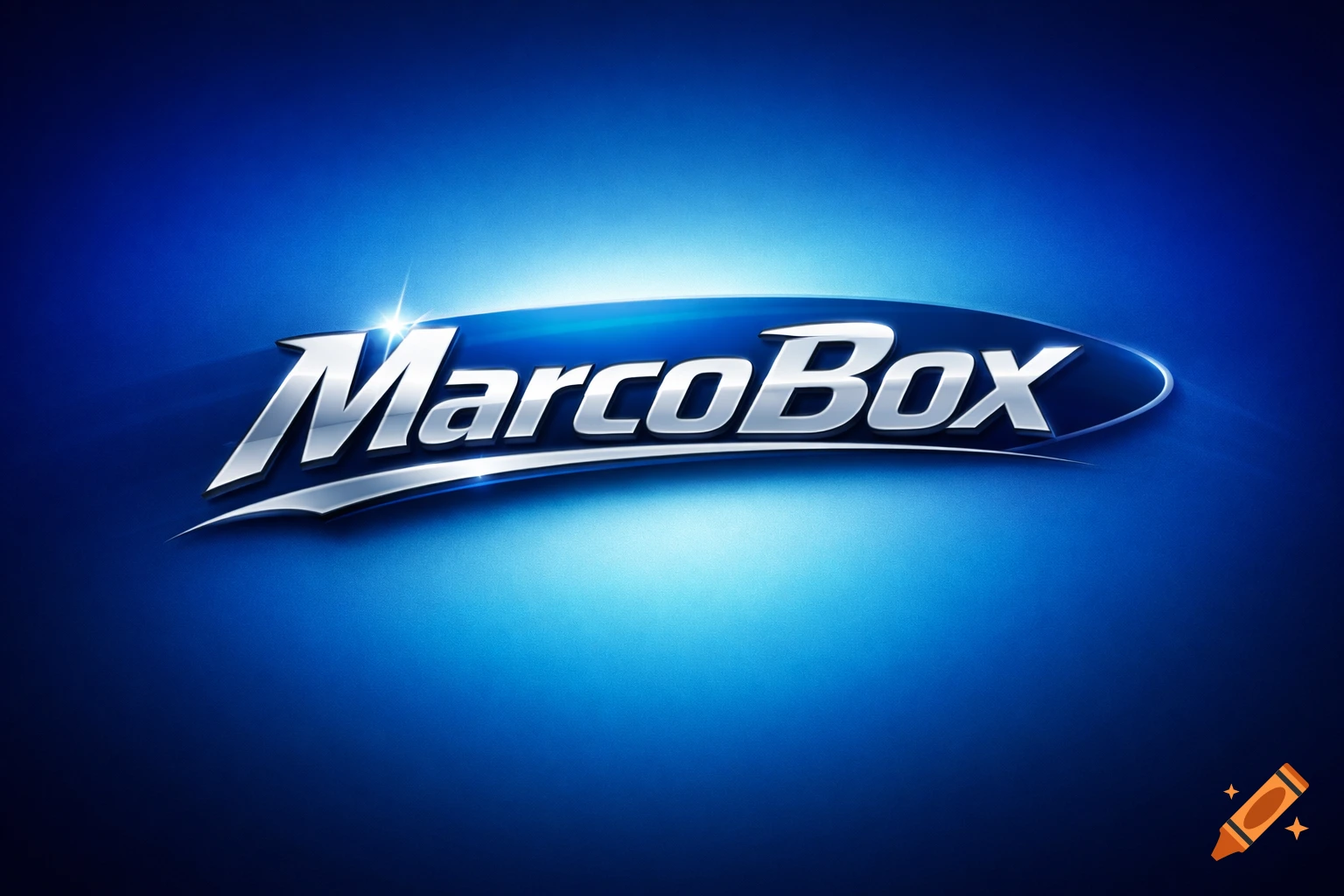 A 3D metallic 'MarcoBox' logo with shiny reflections on a dark to light blue gradient background.
