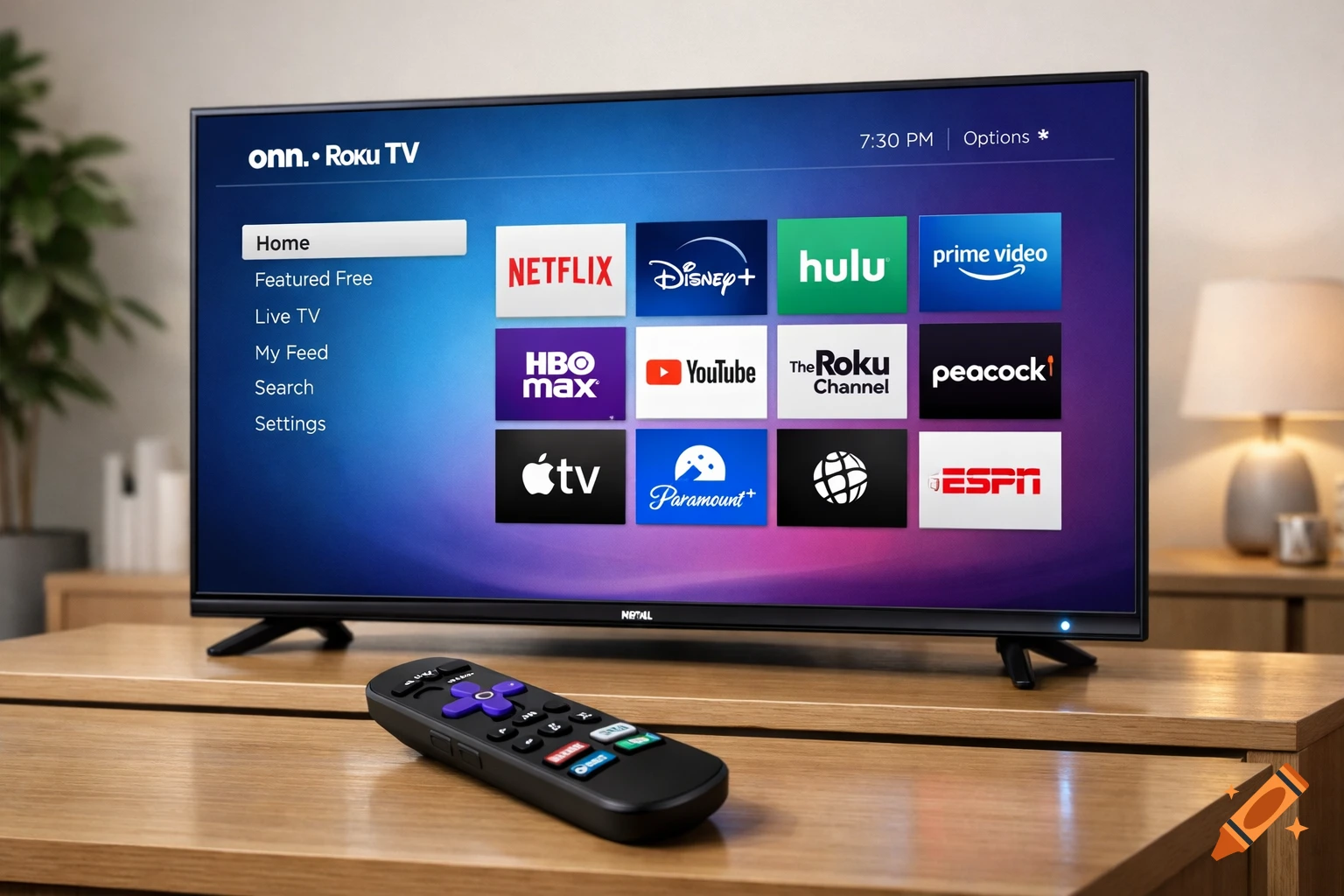 A black onn. Roku TV displaying a home screen with various streaming app icons, with a remote control on a wooden table in the foreground.